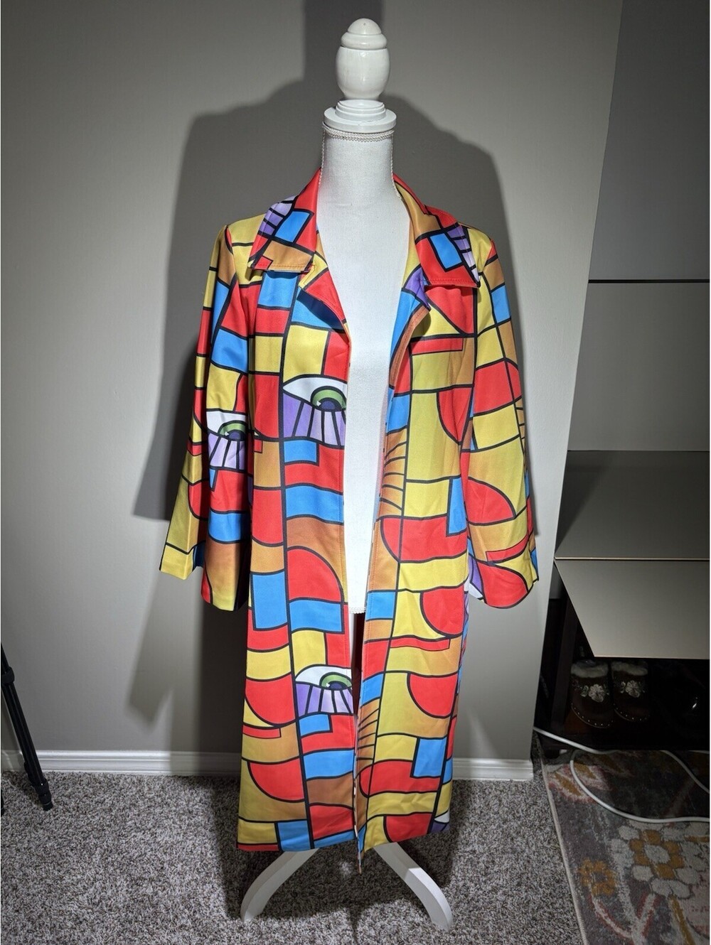Maximalist Pop Art Duster Coat Abstract Geometric Eyeball Trench Jacket Colorful